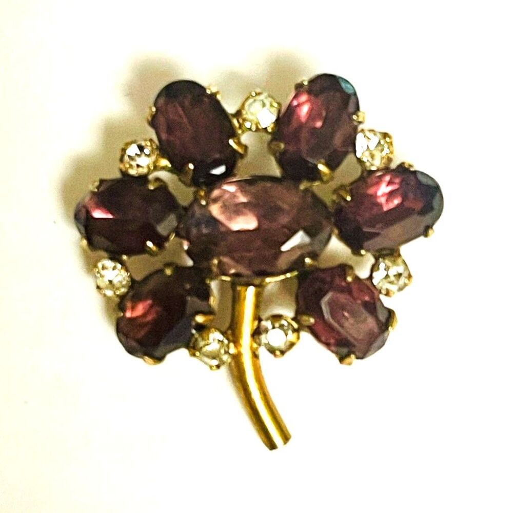 Vintage Amethyst Gold Tone Colored Rhinestone Mini 1" Petite Flower Brooch